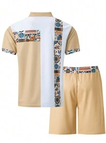 2 件套男士夏威夷服装，夏季时尚印花男士运动休闲拉链领 Polo 衫 + 短裤套装 - 卡其色 - 查看 3