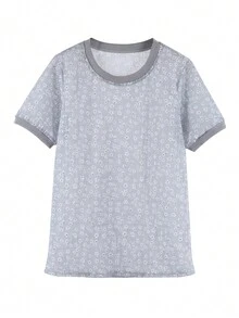 Châu Âu và Hoa Kỳ Thời trang Phụ nữ Thời trang tinh tế với hoa in mùa hè Áo thun cổ tròn tay ngắn Independent Station Burst bán trong suốt thời trang áo thun nữ rộng thùng thình - Xám - Xem 3