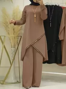 Damset i enfärgat lapptäcke med långa ärmar, avslappnad arabisk stil, modest - Kaki - Visa 1