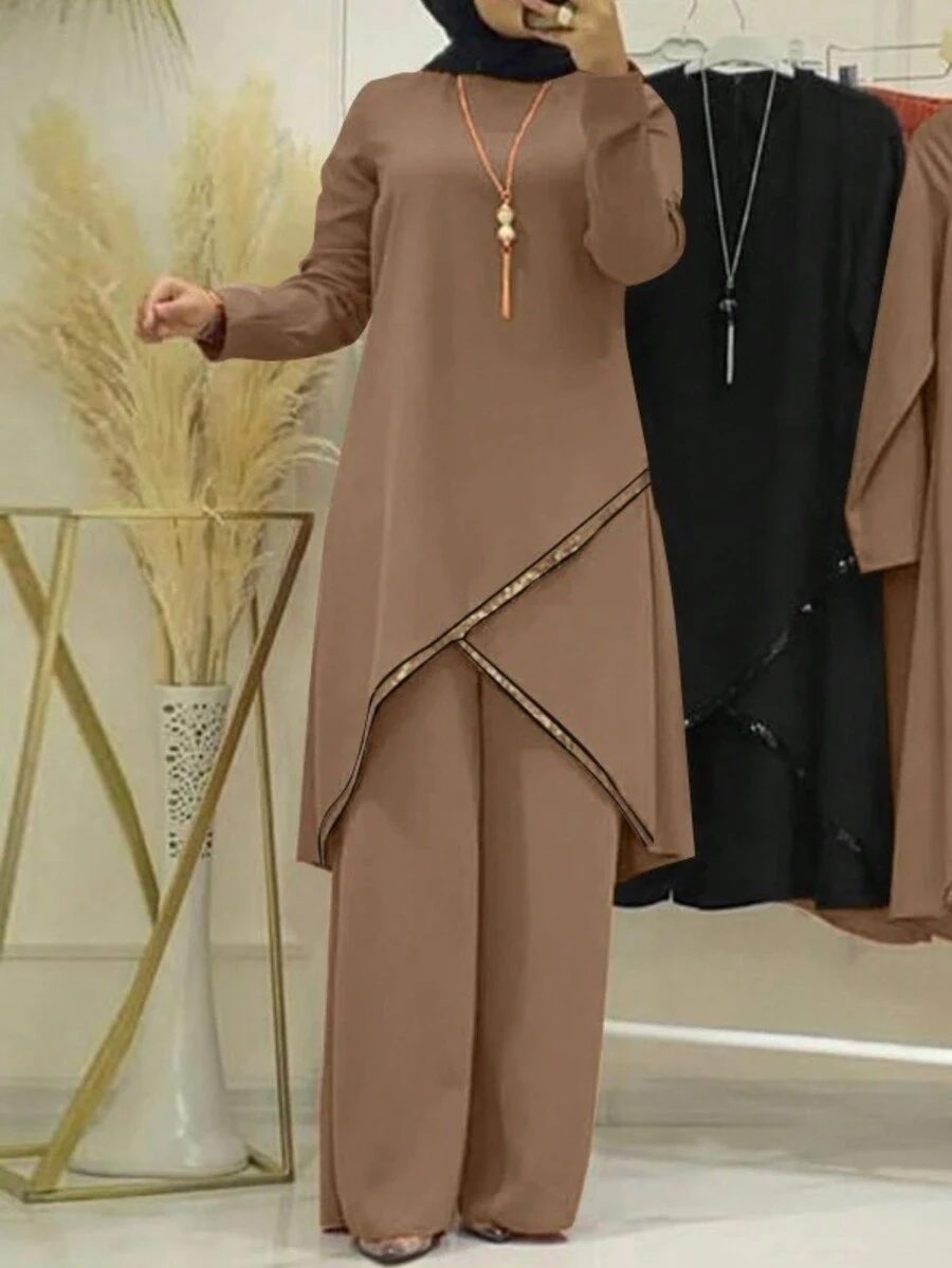 Damset i enfärgat lapptäcke med långa ärmar, avslappnad arabisk stil, modest - Kaki - Visa 1