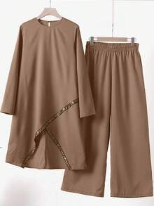 Damset i enfärgat lapptäcke med långa ärmar, avslappnad arabisk stil, modest - Kaki - Visa 2