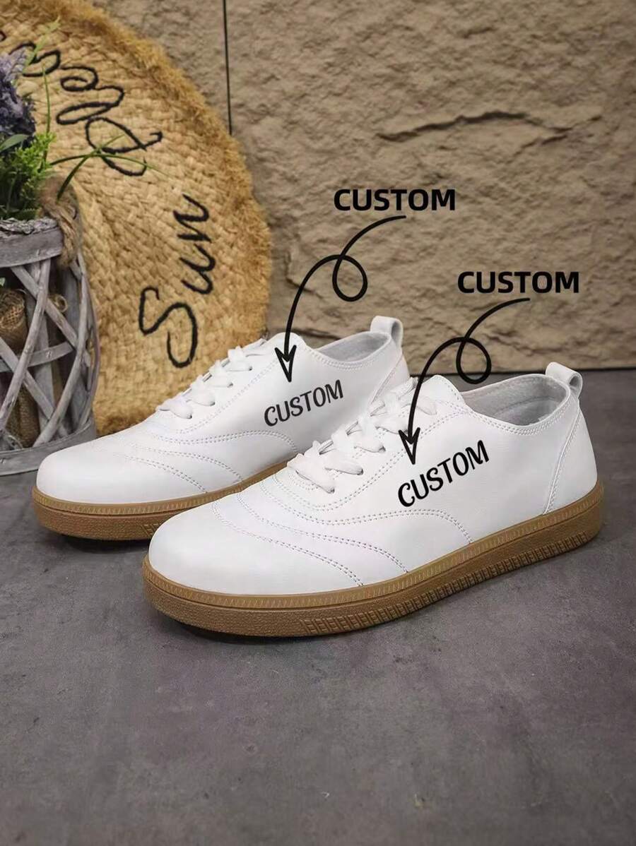 女士休闲黑色户外运动鞋，圆头一脚蹬，透气百搭，定制 - 白色 - 查看 1