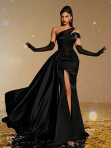 Smilprince 女士优雅不对称领口缎面礼服，高开衩设计，配可拆卸蕾丝手套，正式晚礼服，婚礼宾客礼服，派对礼服，情人节春季黑色 - 黑色 - 查看 1