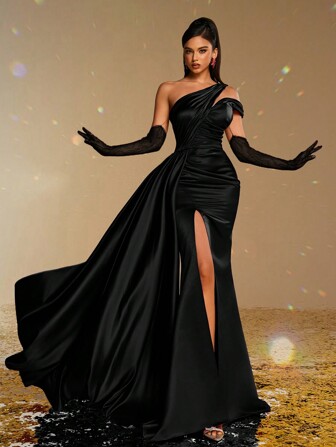 Smilprince Women Elegant One-Shoulder Satin Gown With High Slit And Detachable Lace Gloves, Formal Evening Dress, Wedding Guest Dress, Party Dress