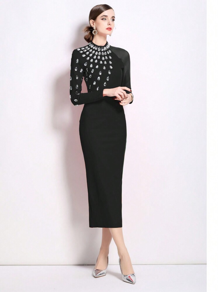 New Stylish Design Rhinestone Embellished Sexy Bodycon Cocktail Dress,Party Dress,Gown,Formal,Evening,Wedding Guest - Black - View 4