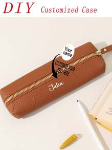 1pc Customized Leather Pencil Case, Personalized Storage Pouch (With Random Zipper Pulls), Waterproof & Stain-Resistant, Can Be Customized According To Your Unique Design (Photo, Name, Illustration), Lightweight & Portable Zipper Makeup Bag, Pencil Case, Classic Style Pencil Box, Suitable For School/Students/Back To School Season, Unisex - Multicolor - View 9
