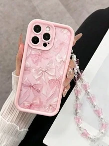 1pc Bow Pattern Phone Case With Beaded Chain, Suitable For IPhone 16, 11, 15, 14, 13, 12 Pro Max, XR, Plus, Christmas Gift, Fashionable Ladies Gift, Stylish Present