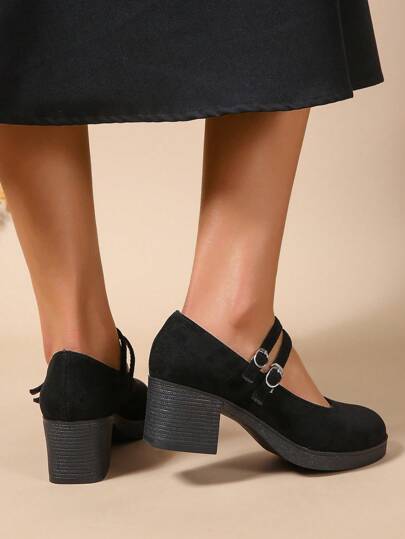 Damskie buty typu Mary Jane na grubym obcasie z okrągłym noskiem w stylu retro na wysokim obcasie w dużych rozmiarach