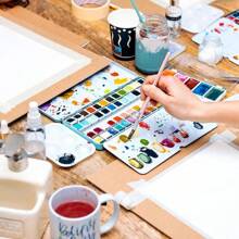 Paleta de acuarela vacía, lata de metal para acuarela con 26 recipientes de media bandeja, estuche de pintura con tapa para viaje, gouache, pintura al óleo - Verde - Ver 6