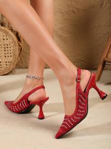 Crystal Embellished Fashion 2024 New Pointed Toe Sexy Red High Heel Slide Sandals For Women, Summer
