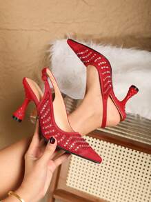 Crystal Embellished Fashion 2024 New Pointed Toe Sexy Red High Heel Slide Sandals For Women, Summer