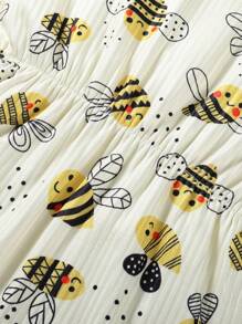 2pcs/Set Infant Baby Girl Ribbed Yellow Bee Print Sleeveless Bodysuit Outfit - Yellow - View 5