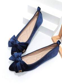 Women's Pointed Toe Burgundy Bow Decor Fashion Flat Velvet Ballet Flats, Navy