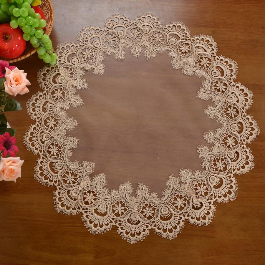 1 Pc Elegant Net Fabric With Embroidered Lace Table Runner, Round Doilies, Size: 40cm*150cm, 40cm*180cm, 40cm*220cm, 30cm Round, 40cm Round, 50cm Round, 60cm Round, 100% Polyester, Traditional Style For Parties, Celebrations And Daily Life.