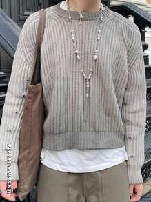 Oversized Casual Knit Sweater With Pearled Texture, Streetwear Style, Unisex Design, Long Sleeve Cropped Pullover With Distressed Details, Round Neck, Suitable For Autumn And Winter - Grey - View 1