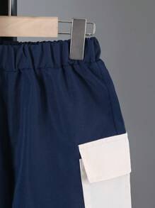 2pcs Tween Boy Casual Fashion Streetwear Zip-Up Color Block Hoodie Jacket And Cargo Shorts Set, Spring & Summer