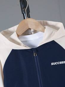 2pcs Tween Boy Casual Fashion Streetwear Zip-Up Color Block Hoodie Jacket And Cargo Shorts Set, Spring & Summer