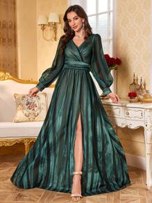 SUPGIR [Random Cut] Women V-Neck Lantern Long Sleeve Multi-Color Print Chiffon Elegant Split Hem Evening Party Formal Dress, Wedding Guest Dress - Dark Green - View 5