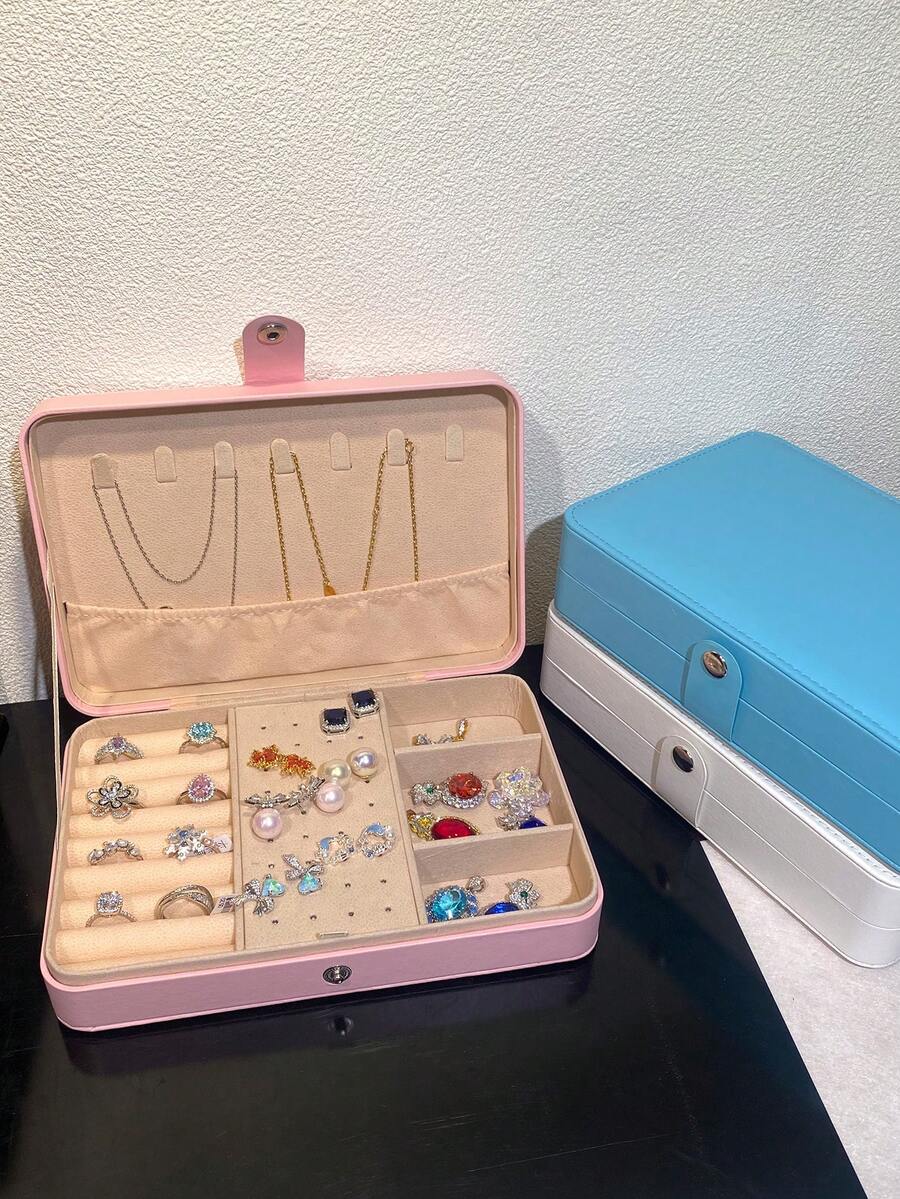 1pc Large Capacity Jewelry Box, Jewelry Storage Box, Minimalist Leather Jewelry Storage Box, Rectangular Portable Jewelry Box, Multi-Function Earring Storage Box For Home Gifts For Women - Multicolor - View 1