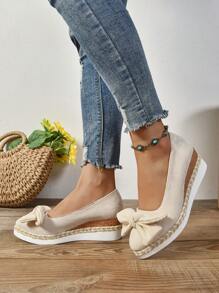 时尚亚麻绳底纯色蝴蝶结装饰百搭女士厚底坡跟鞋 - 米色 - 查看 6