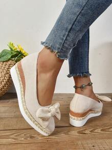 时尚亚麻绳底纯色蝴蝶结装饰百搭女士厚底坡跟鞋 - 米色 - 查看 7
