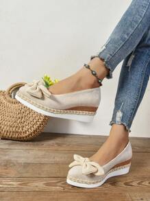 时尚亚麻绳底纯色蝴蝶结装饰百搭女士厚底坡跟鞋 - 米色 - 查看 4