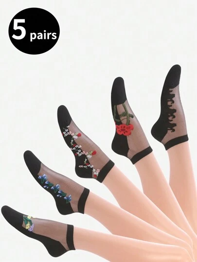 1/5 Pairs Random Women's Short Socks, Black Crystal Silk Embroidered Floral Pattern Glass Silk Thin Breathable Moisture-Wicking Fashion Socks, Suitable For Daily Wear