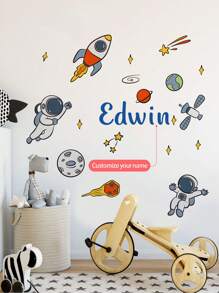 1pc Personalized Name Astronaut Wall Sticker For Boys Bedroom, Cartoon Spaceman Alien Planets Creative Removable Wall Decal, Star Spaceship Wallpaper Decoration For Kids Room, Nursery Gifts Birthday Graduation