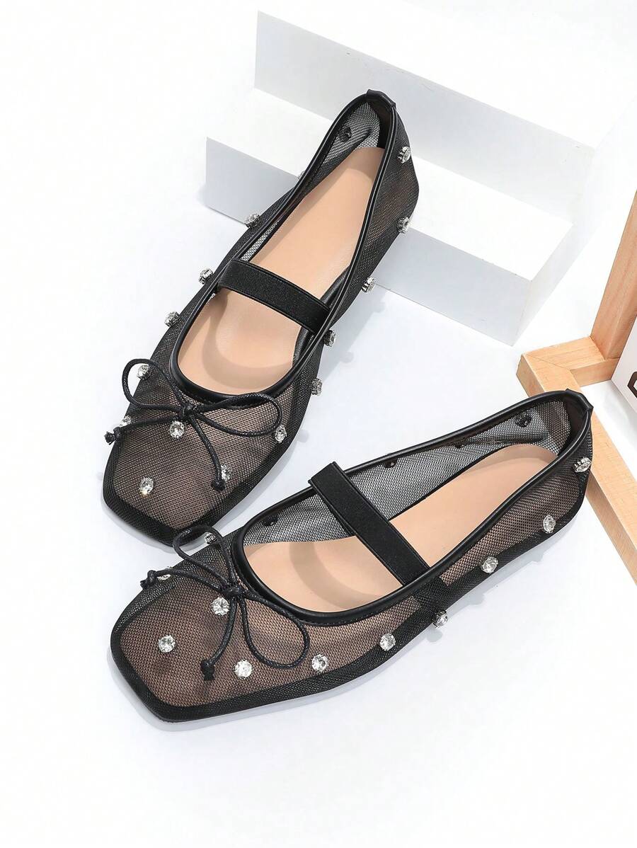 时尚女士透气黑色网眼和水钻装饰芭蕾平底鞋，优雅的夏季度假便鞋