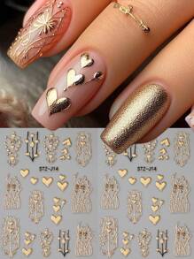 FULL BEAUTY 2PCS Golden Foil Heart 5D Embossed Nail Art Stickers - Self-Adhesive, Scent-Free Decals For DIY Manicures, Perfect For Valentine's Day & Spring, Nail Stickers Nails