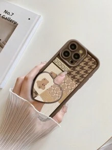 1pc Bear Houndstooth Pattern Camera Guard Shock-Proof Phone Case Compatible With Apple 11 Pro Max/12 Pro Max/13 Pro Max/14 Pro Max/15 Pro Max/16 Plus/16 Pro Max, Compatible With Redmi, Compatible With OPPO/Compatible With Realme, Compatible With VIVO, Compatible With Infinix, One Plus,International Version, Not The Domestic Version - Brown - View 8