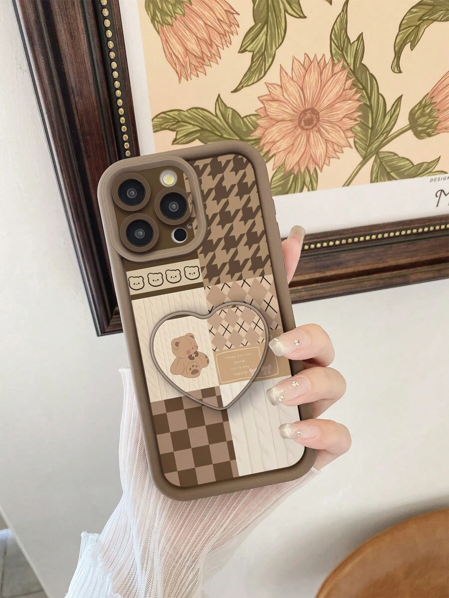 1pc Bear Houndstooth Pattern Camera Guard Shock-Proof Phone Case Compatible With Apple 11 Pro Max/12 Pro Max/13 Pro Max/14 Pro Max/15 Pro Max/16 Plus/16 Pro Max, Compatible With Redmi, Compatible With OPPO/Compatible With Realme, Compatible With VIVO, Compatible With Infinix, One Plus,International Version, Not The Domestic Version - Brown - View 1
