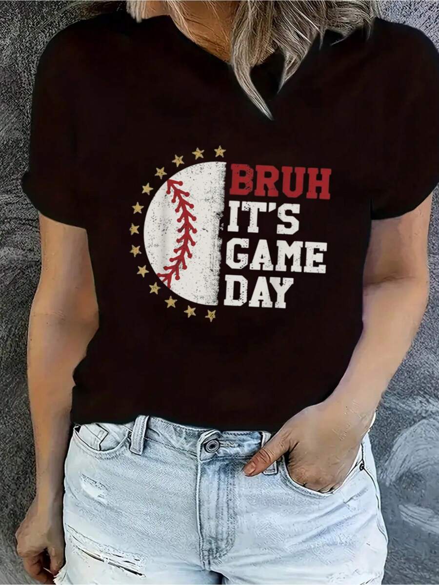 Bruh It's Game Day Baseball Boys Girls Funny Baseball T-Shirt Casual Short Sleeve Top For Spring & Summer, Women's Clothing - màu đen - Xem 1