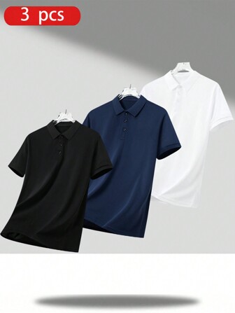 3 件装男士夏季纯色休闲透气短袖 Polo 衫