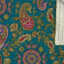 50" X 70" Green And Pink Kantha Cotton Paisley Throw Blanket With Embroidery