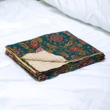 50" X 70" Green And Pink Kantha Cotton Paisley Throw Blanket With Embroidery