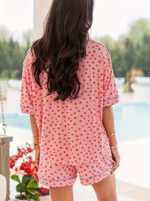 2pcs/Set Women Casual Sleepwear, Comfortable Printed Short Sleeve & Shorts Pajama Set, Polo Collar, Blended With Stretchy Polyester, Machine Washable, Two Pieces Set - Pink - View 2