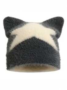 1pc Men's New Cute Street-Style Pentagram Embroidery Fluffy Cat Ear Knitted Beanie Hat, Warm Ear Protection, Autumn