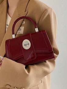 1 chiếc túi da PU, túi vuông nhỏ tối giản có khóa cài, túi có cấu trúc, túi xách nhỏ màu đỏ rượu vang sơn mài, túi dây xích, túi xách tay/túi đeo vai/túi đeo chéo. - Màu Đỏ Sâu - Xem 2