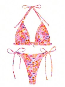 Ditsy Floral Print Bikini Set, Casual & Fashionable For Summer Beach - Multicolor - View 4