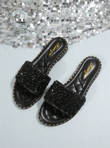 Mules mode femme, style français chic coréen décontracté polyvalent 2025 nouveau style UE/US, décoration de perles et strass plate, sandales de plage de vacances, tenues printemps été - Noir - Voir 8