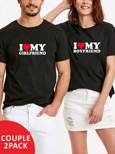 2pcs/Set Unisex Couple Letter Print Round Neck Short Sleeve Loose Casual T-Shirt