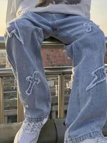 Men's Jeans Crossbody Patch Jeans Men's Loose Jeans Distressed Men's Jeans Harajuku Men's Jeans - 淺色水洗藍 - 查看 1