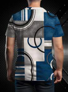 Men's Casual Round Neck T-Shirt, 3D Geometric Contrast Color Pattern, Short Sleeve Design, Suitable For Outdoor Sports - Grey - View 3