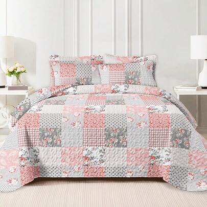2/3 Pieces Bed Quilt Set (1 Bed Quilt + 1/2 Pillow Case), Fashionable Floral Plaid Patchwork Design, Fresh And Simple, Comfortable Soft And Breathable, Suitable For Bedroom, Home, Dorm, Hotel, Home Decor, Spring, Summer, Autumn, Winter