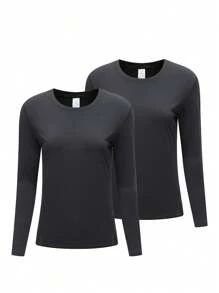 2pcs Ladies Black Thermal Lingerie Top Sticky Warm, Comfortable, Stretchy, Cold-Proof Home Pajamas, Outdoor Wear Underwear, Warm Winter Gifts