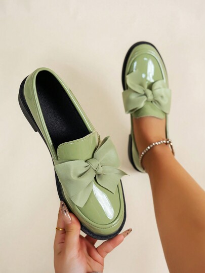 Women's Multifunctional Casual Bow Decoration Low Heeled Slippers, Mirror Material, Retro Elegant British Style, Comfortable And Soft Mid Heeled Oxford Shoes, Black Luster, 2025 New Spring/Summer Autumn/Winter