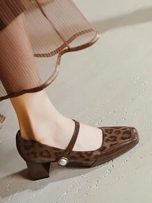 Damen Mode Leoparden Muster Mary Jane High Heels, Kunstperlen Riemen Quadratische Zehen Block Absatz Büro Pumps für Frühling/Sommer