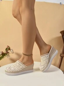 Women's Platform Wedge Sandals, Summer Faux Straw Hollow Woven Slide Slipper, Casual Fashionable Closed Toe Sandals