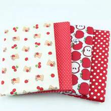 4 件/批卡通水果系列印花布草莓/苹果/樱桃水果图案 DIY 手工布头田园花卉/几何网格/圆点图案棉质斜纹布几何绗缝拼布组枕套布块缝纫剪贴簿布 Tecidos Calico